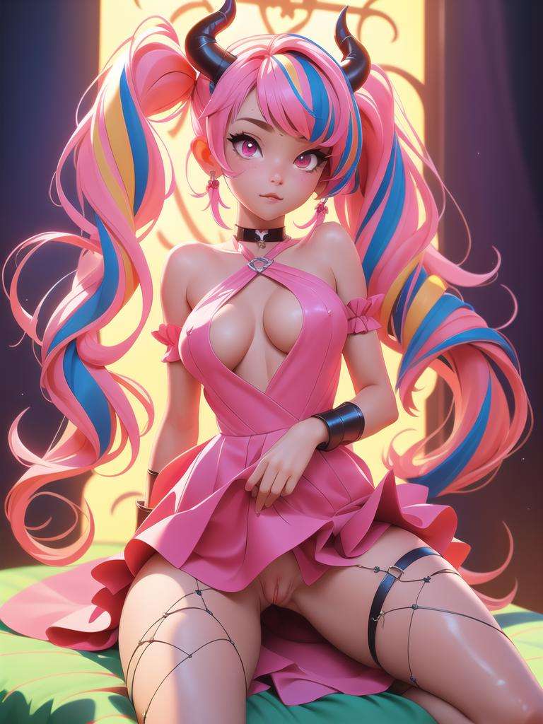 masterpiece, best quality, perfect anatomy, highress, detailed, 1girl, solo, choker, demon girl, demon horns, demon tail, demon wings, earrings, fishnet legwear, hair ornament, hairclip, long hair, looking at viewer, multicolored hair, sitting, streaked hair, twintails, very long hair, nipples, medium breasts, open clothes, bedroom, spread legs, pink eyes, dress, nude, pussy, from below, ((dildo in anus)), perfect eyes, both eyes are the same, glare, Iridescent, Global illumination, soft light, dream light, colorful, digital painting, extremely detailed CGI 8k, 4k background, hd, 2k, 4k, 8k, 16k