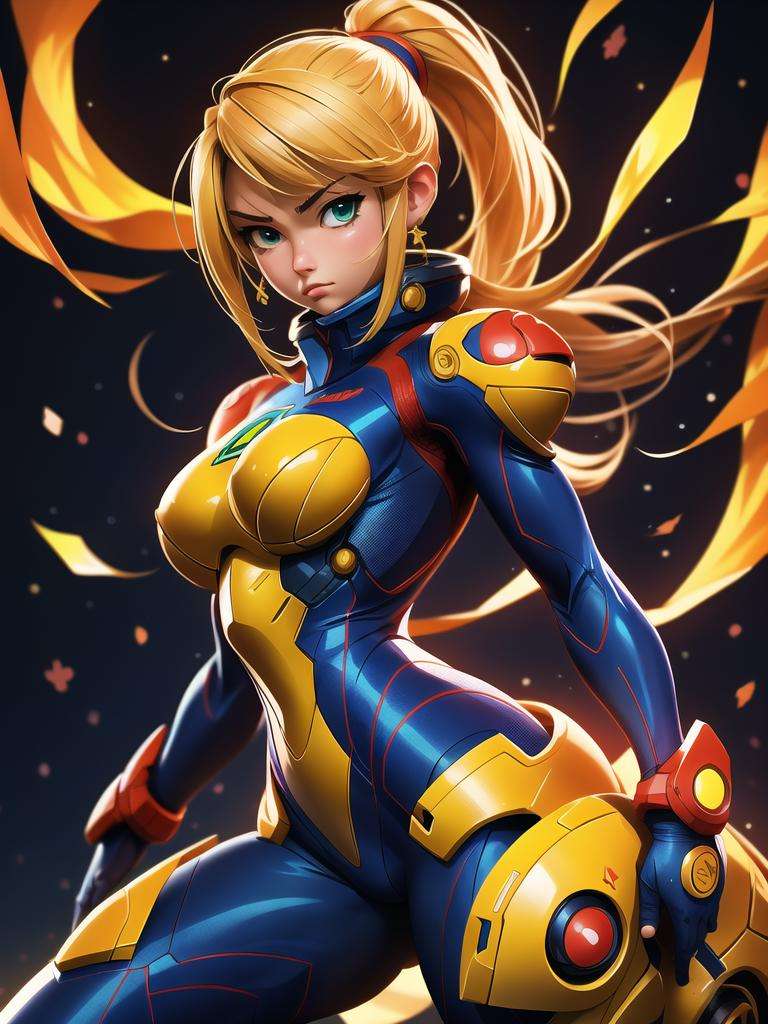 nijistyle, portrait of zero suit samus aran, particles, simple background