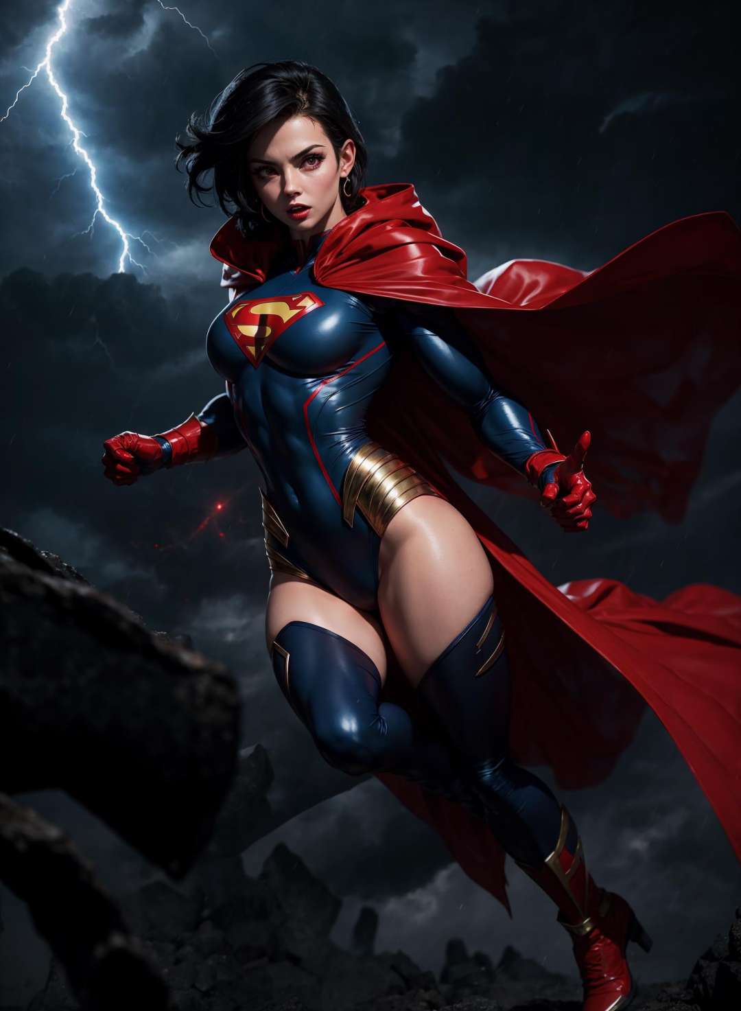 muscular lady in superman costume flying in sky, short black hair, red cape, glowing red eyes, arms up, storm, dark clouds, lightning, night, lightning, rain, particles