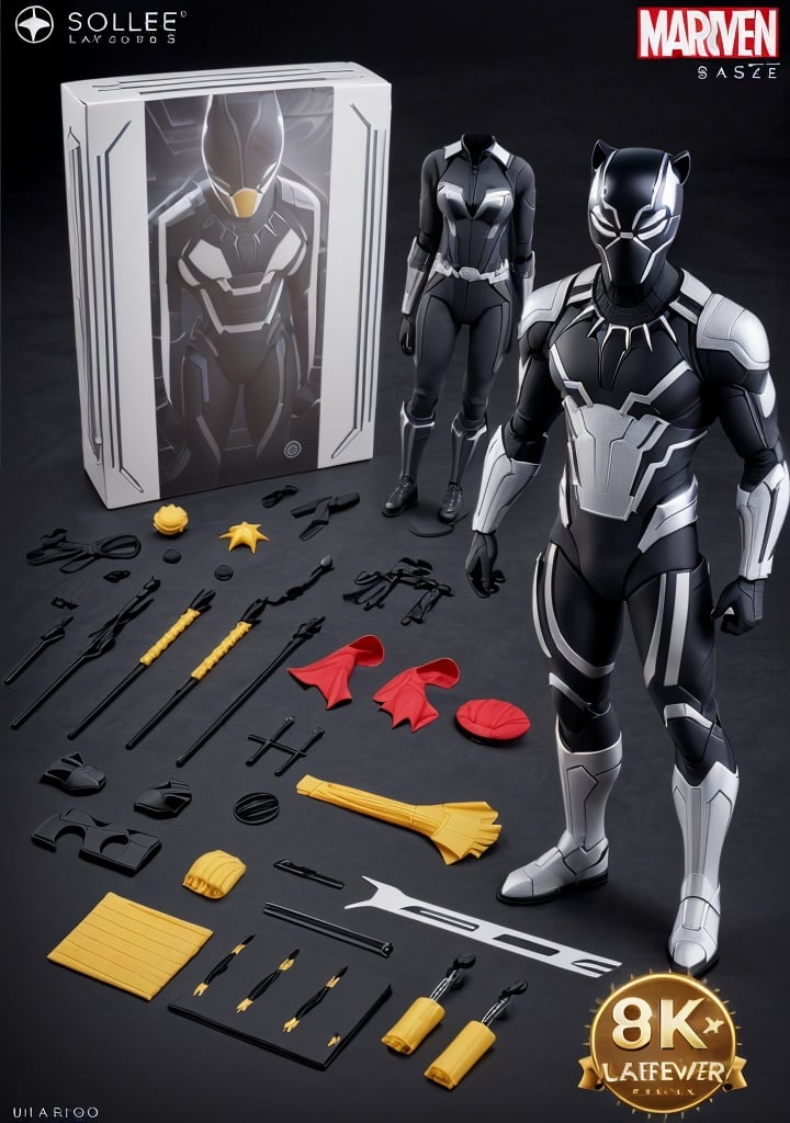 premium playset toy box, (8k, ultra quality, masterpiece:1.5), (Dutch angle:1.3), ActionFigureQuiron style, solo, Black Panther (Marvel Comics): Black Panther's sleek black suit is made of a vibranium-infused material and features intricate silver detailing. The suit includes a full-body jumpsuit, clawed gloves, and a mask with cat-like ears. , (plastic toy playset pack), inside gift box,  <lora:quiron_ActionFigure_v1_Lora:0.95>
