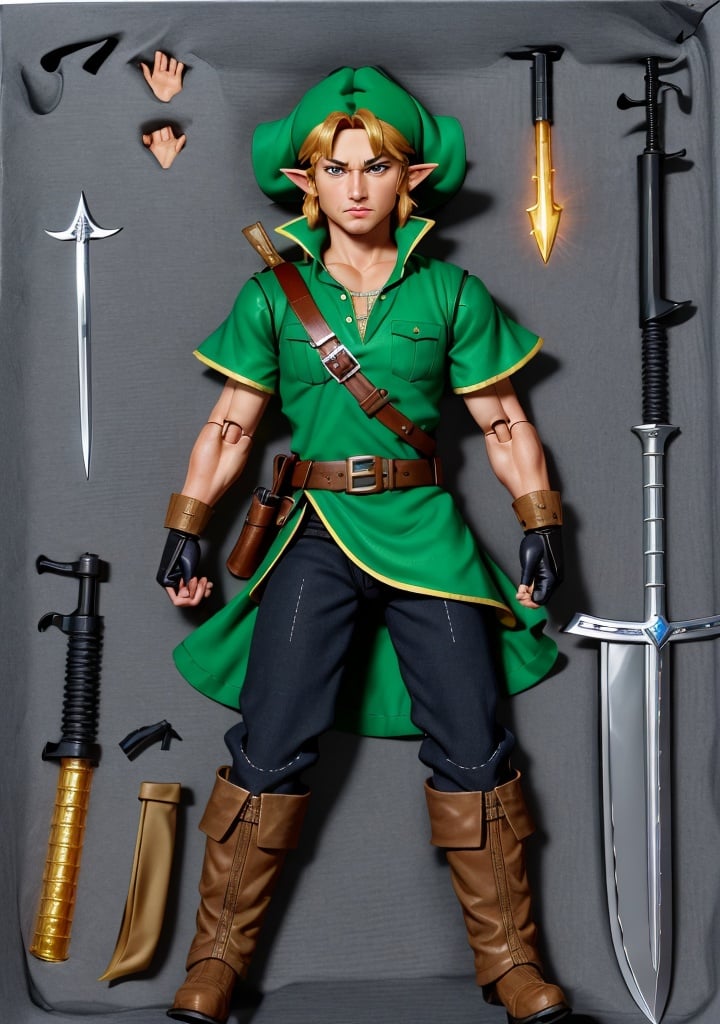 (Dutch angle:1.3), (ActionFigureQuiron style), solo, Link (The Legend of Zelda): The green tunic, pointed hat, and Master Sword make Link a favorite character to bring to life for fans of the Zelda series. ,  action figure box, weapon,  no humans, (reference sheet:1.1),  <lora:quiron_ActionFigure_v1_Lora:1.18>