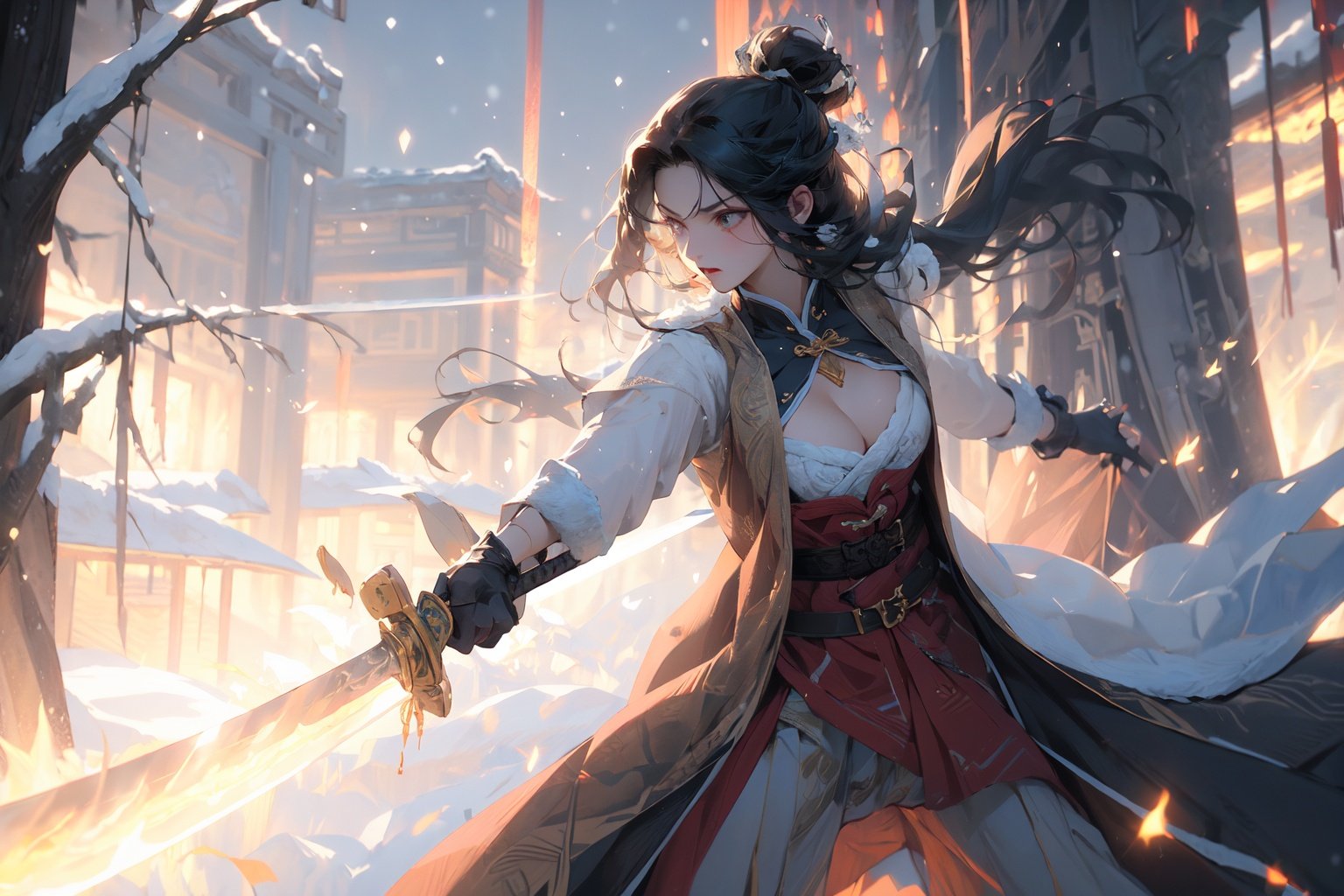 , masterpiece, best quality,swordman,holding a sword(trees:0.5),(eagle:0.5), (bamboo:0.2) fighting stance, Hangzhou, glowing,winter,snowing,solo, weapon, sword, tree, 1girl, holding, gloves, outdoors, sheath, border, holding weapon, black hair, holding sword, fur trim, looking away,medium breast,show cleavage,look at view,