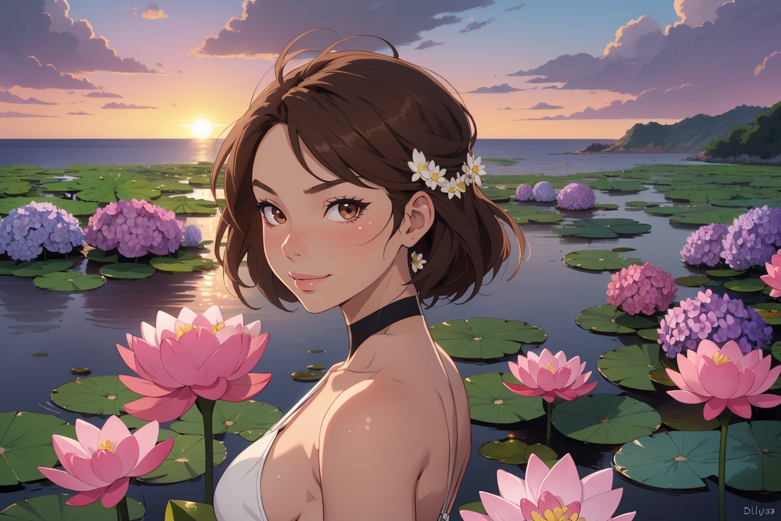 1girl, bare_shoulders, bouquet, brown_hair, brown eyes, cloud, daisy, field, sideboob, flower, flower_field, horizon, hydrangea, lily_\(flower\), lily_pad, lotus, medium_breasts, ocean, outdoors,pink_flower, purple_flower, sky, solo, sunset, upper_body, water, white_flower, looking at viewer, (smile:0.9), pouty lips, closed mouth,