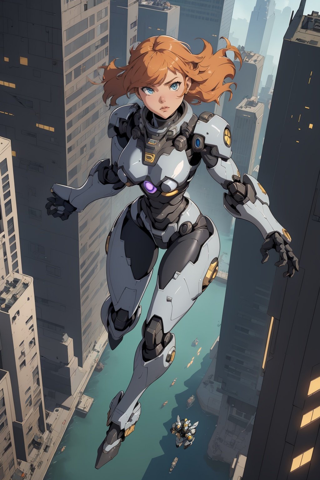 1girl, mecha, city, full body, floating, pov, from above, power armor, dynamic pose,