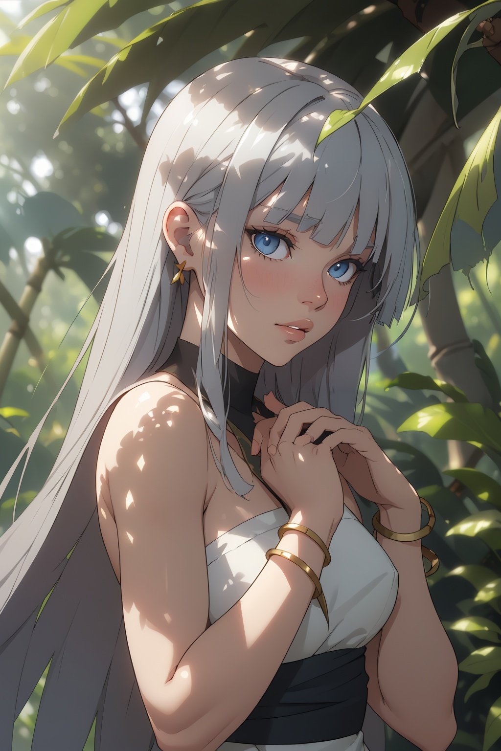 1girl, bamboo, bangs, blue_eyes, blurry, blurry_background, blurry_foreground, bracelet, branch, dappled_sunlight, day, depth_of_field, eyebrows_visible_through_hair, jewelry, leaf, long_hair, looking_at_viewer, outdoors, palm_leaf, palm_tree, parted_lips, plant, silver_hair, solo, sunlight, tree, upper_body,