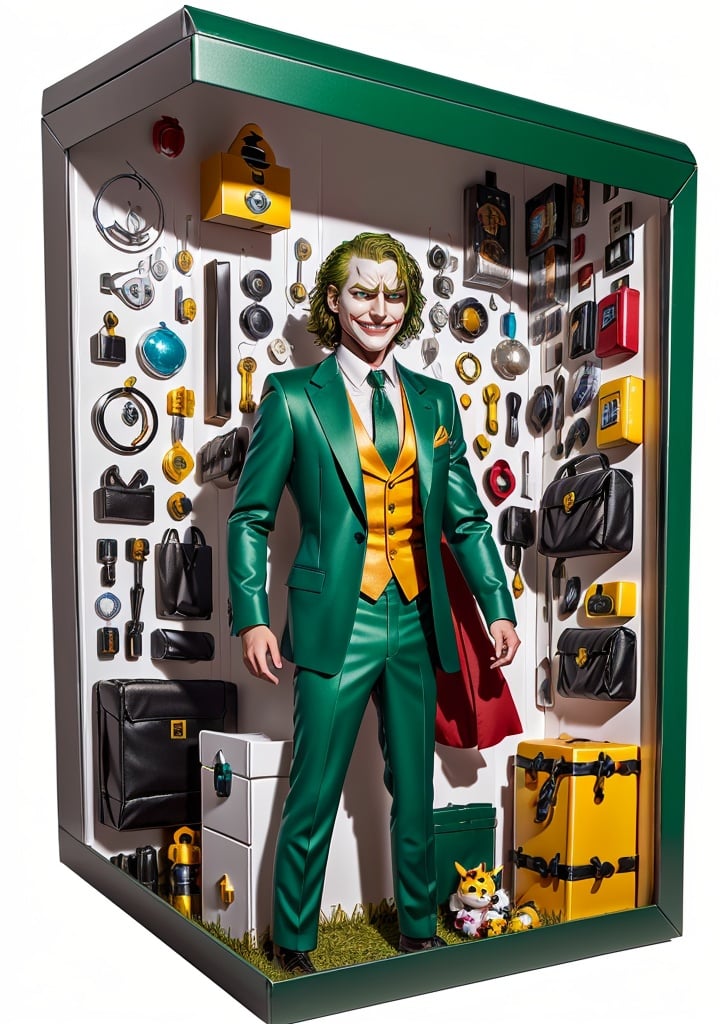 premium playset toy box, (masterpiece, best quality, ultra detailed, absurdres), (diorama:1.2), action figure box, joker,  (inboxDollPlaySetQuiron style), the  Edward Elric (Fullmetal Alchemist): Edward Elric's recognizable red coat is a knee-length garment with a loose, flowing fit. The coat is adorned with silver trim, giving it a distinct alchemical aesthetic. On the back of the coat, there is an embroidered transmutation circle, a symbol of alchemy's power. Underneath the coat, Edward wears a black, long-sleeved undershirt. He pairs the shirt with black pants and brown boots. Edward also wears a silver pocket watch, a significant symbol in the Fullmetal Alchemist series, as alchemists use pocket watches to perform their craft.,  interested, (toy playset pack),    <lora:quiron_inboxDollPlaySet_v1_lora:0.87>