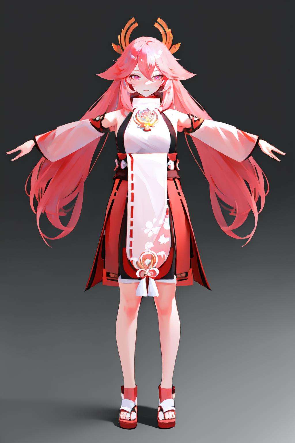 Highly detailed, High Quality, Masterpiece, beautiful, TPose, outstretched arms, standing, <lora:TPose-09:0.8>, solo, full body, yae miko, Yae_Miko \(genshin impact\), Yae_Miko:1.2, pink eyes, long hair, pink hair, animal ears, <lora:Char_GenshinImpact_YaeMiko:1>