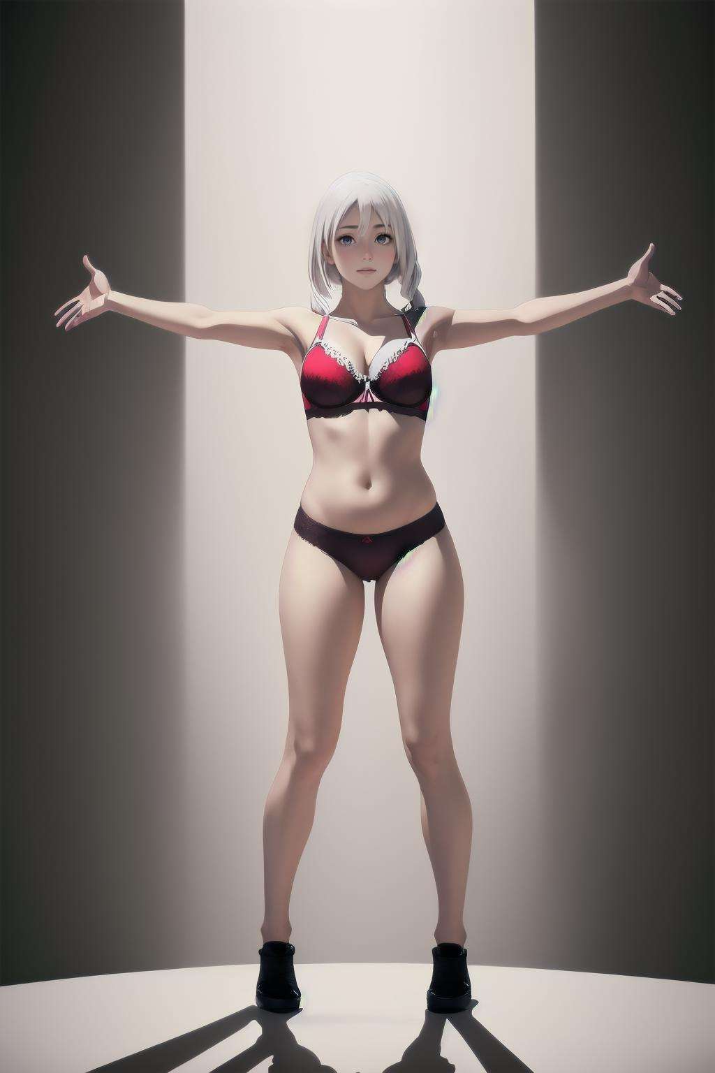 Highly detailed, High Quality, Masterpiece, beautiful, Evelynne, <lora:JOJO:0.7>, 1girl, white hair, white background, standing,  full body, TPose, outstretched arms, standing <lora:TPose:0.1>, underwear only, underwear only, red bra, athletic