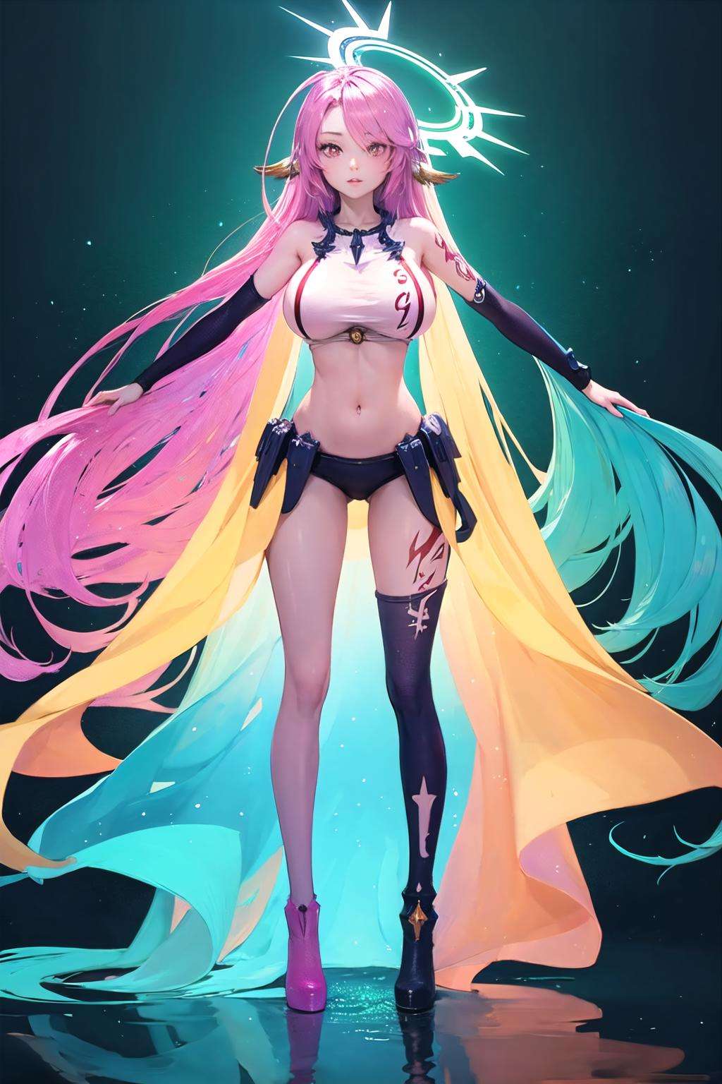 <lora:ngnl_jibril:1> ,ngnl_jibril,long hair,pink hair,halo,large breast,symbol-shaped pupils,tattoo,BREAKabstract background,BREAK <lora:TPose:0.8> TPose, outstretched arms, 