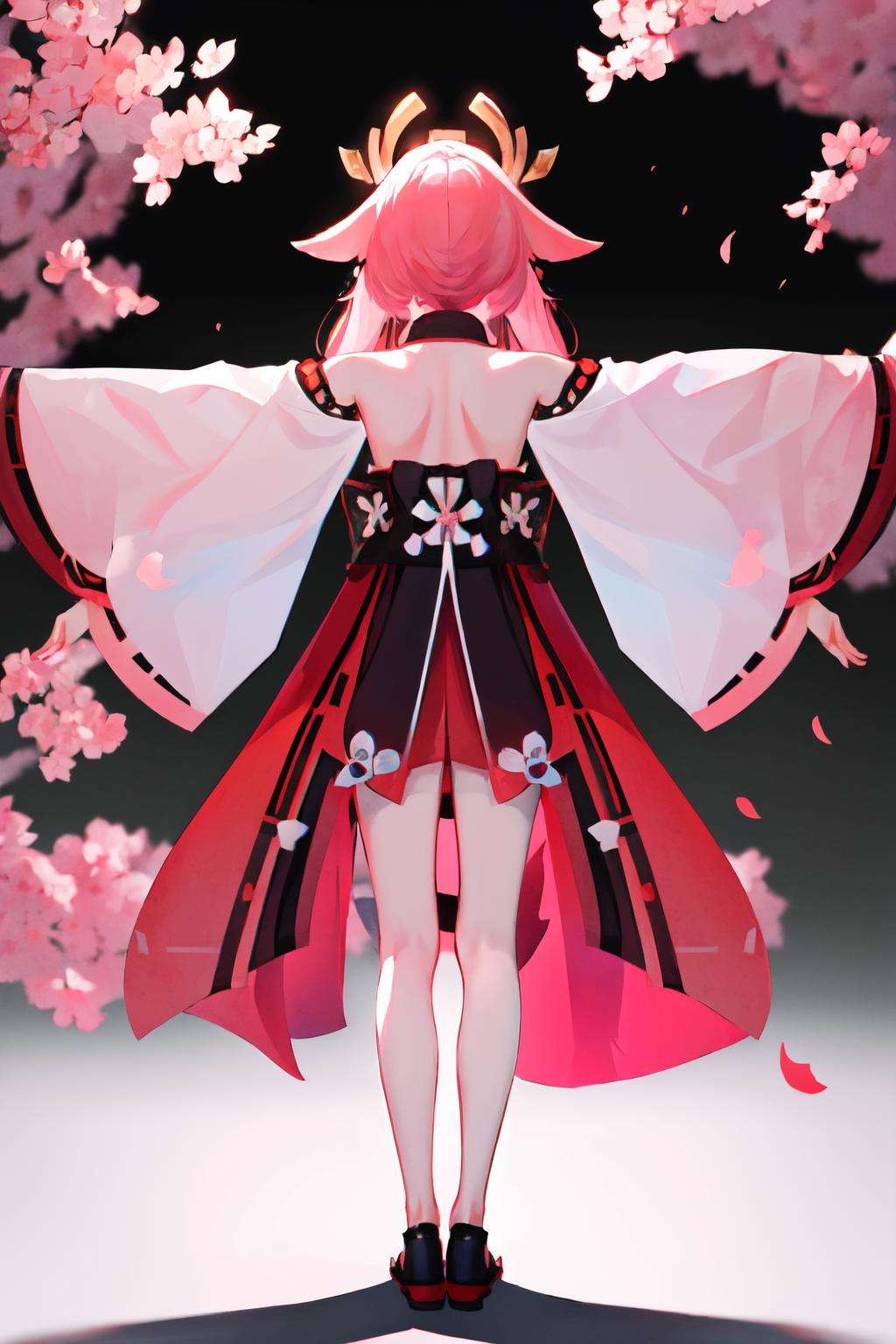 Highly detailed, High Quality, Masterpiece, beautiful, TPose, outstretched arms, standing, <lora:TPose-09:0.8>, solo, full body, yae miko, Yae_Miko \(genshin impact\), Yae_Miko:1.2, pink eyes, long hair, pink hair, animal ears, <lora:Char_GenshinImpact_YaeMiko:1>, from behind