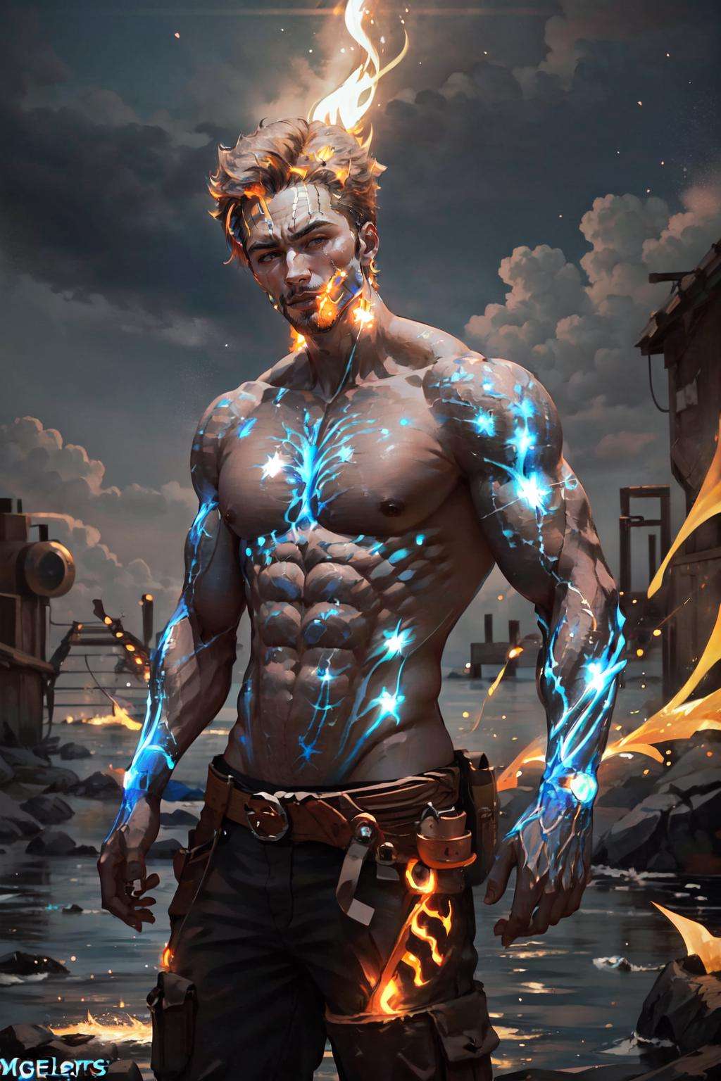 Highly detailed, High Quality, Masterpiece, beautiful, <lora:EnergyVeins:1>, solo, cowboy shot, gigachad, <lora:Char_Sigmas_GigaChad:0.75>, topless, topless male, 