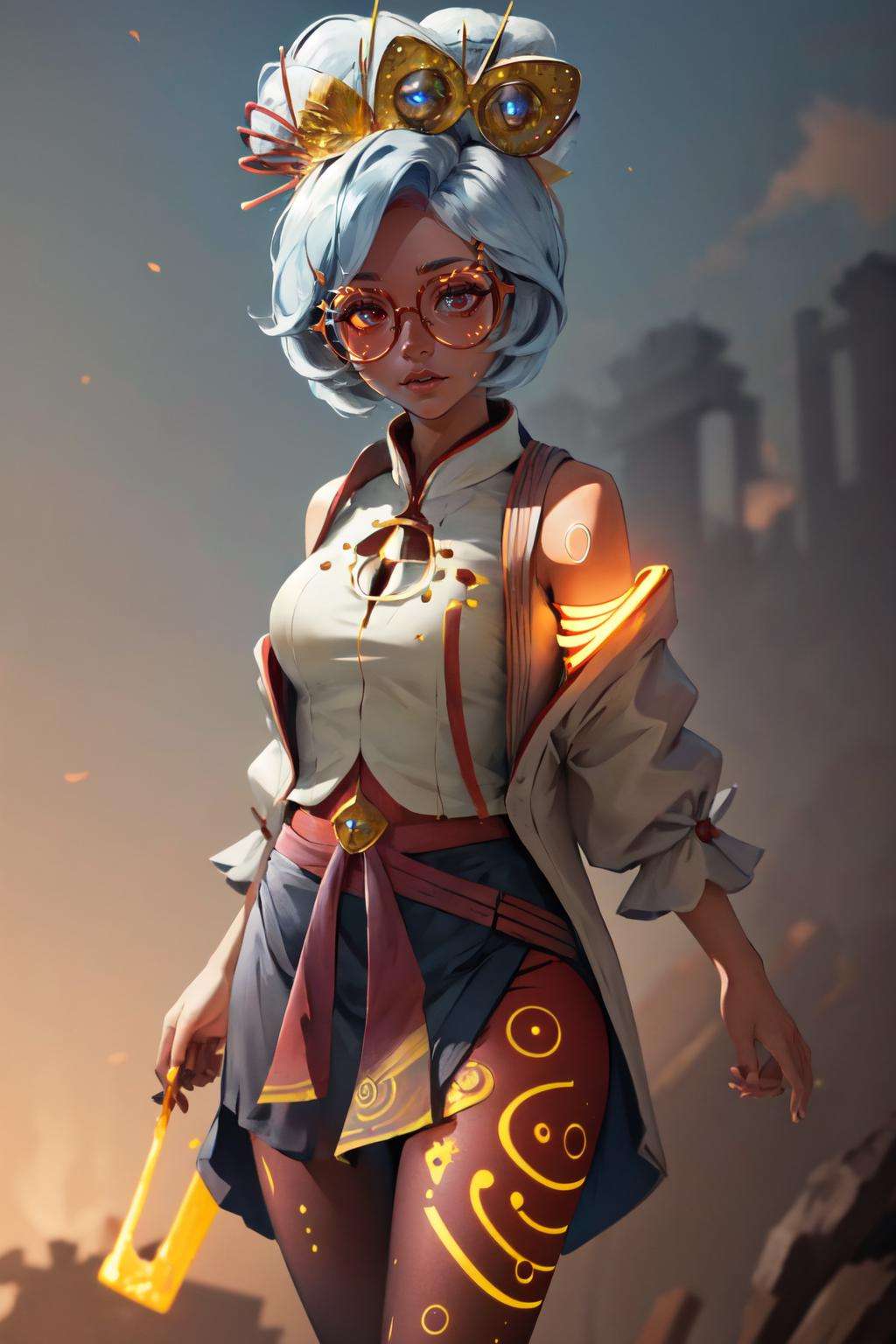 Highly detailed, High Quality, Masterpiece, beautiful, (EnergyVeins:1.5), <lora:EnergyVeins:1>, solo, cowboy shot, purah, red glasses, hair ornament, white jacket, sleeveless shirt, black skirt, orange leggings, <lora:Char_Zelda_Purah:0.9>, 1girl, arms behind back, glowing