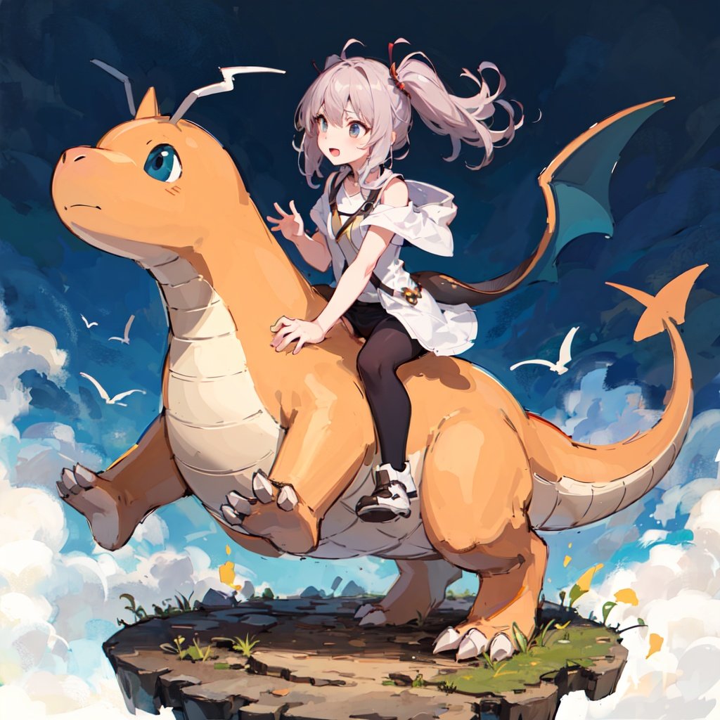 masterpiece,best quality,dragonite,a girl riding on a dragon,<lora:dragonite_v1b:0.8>