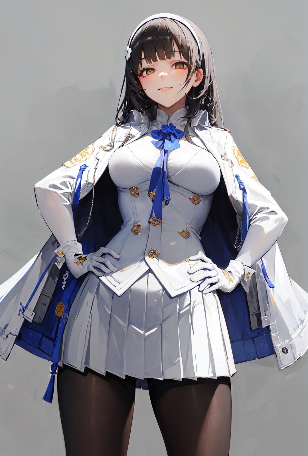 qbz95gfl, (masterpiece:1.3), best quality, high quality, absurdres, (cowboy shot:1.2), 1girl, solo, delicate face, detailed face, elbow gloves, jacket, pleated skirt, pantyhose, standing, (clenched hands:1.2), (hands on hips), smile,