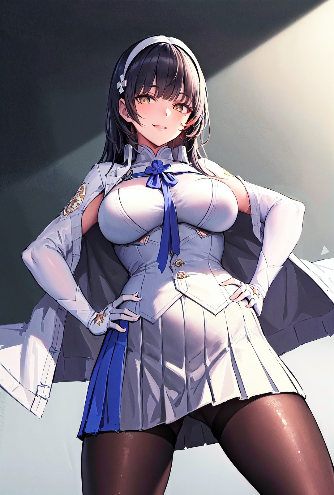 qbz95gfl, (masterpiece:1.3), best quality, high quality, absurdres, (cowboy shot:1.2), 1girl, solo, delicate face, detailed face, elbow gloves, jacket, pleated skirt, pantyhose, standing, (clenched hands:1.2), (hands on hips), smile,