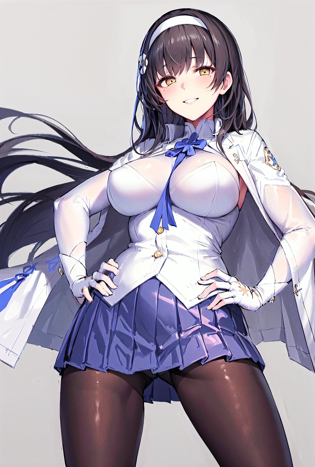 qbz95gfl, (masterpiece:1.3), best quality, high quality, absurdres, (cowboy shot:1.2), 1girl, solo, delicate face, detailed face, elbow gloves, jacket, pleated skirt, pantyhose, standing, (clenched hands:1.2), (hands on hips), smile,