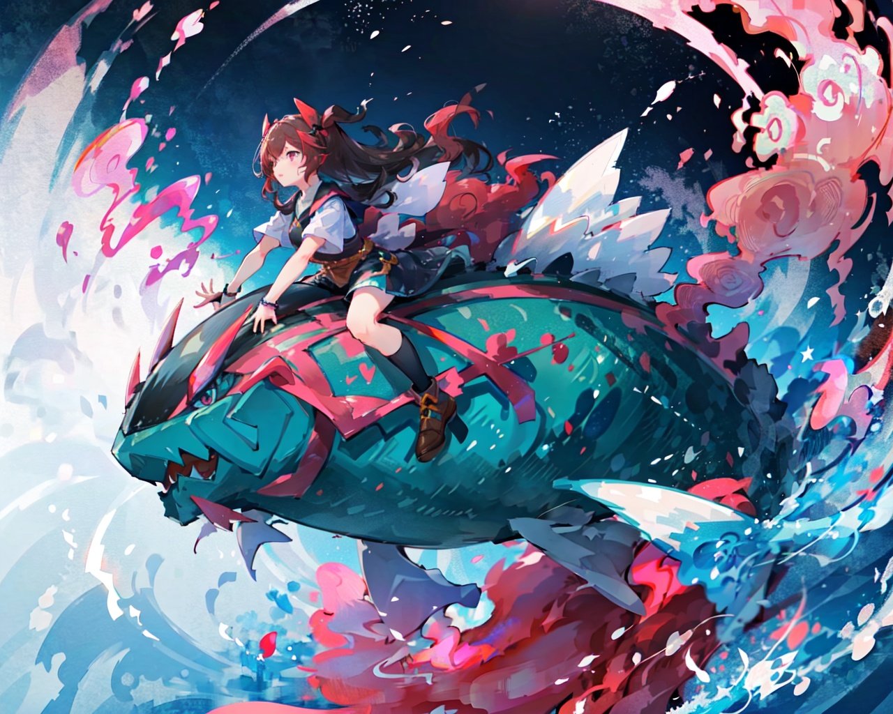 youweixuanyu,masterpiece,best quality,Highest picture quality,a girl riding on a fish,1girl,<lora:youweixuanyu_v4:0.7:OUTMIDD><lora:LAS:0.5> cloud,colorful, starry,