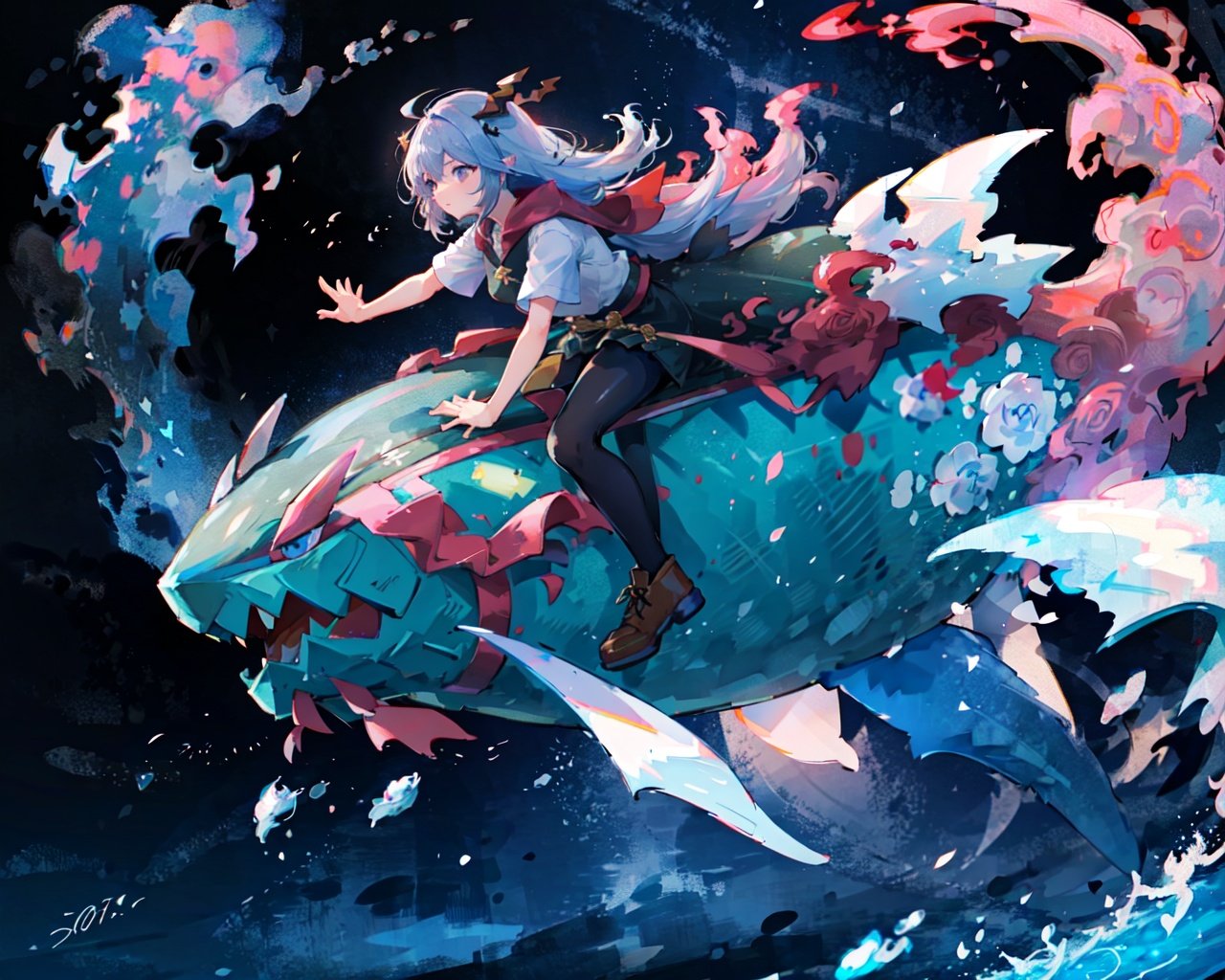 youweixuanyu,masterpiece,best quality,Highest picture quality,a girl riding on a fish,1girl,<lora:LAS:0.5> cloud,colorful, starry, <lora:youweixuanyu_v4:1>