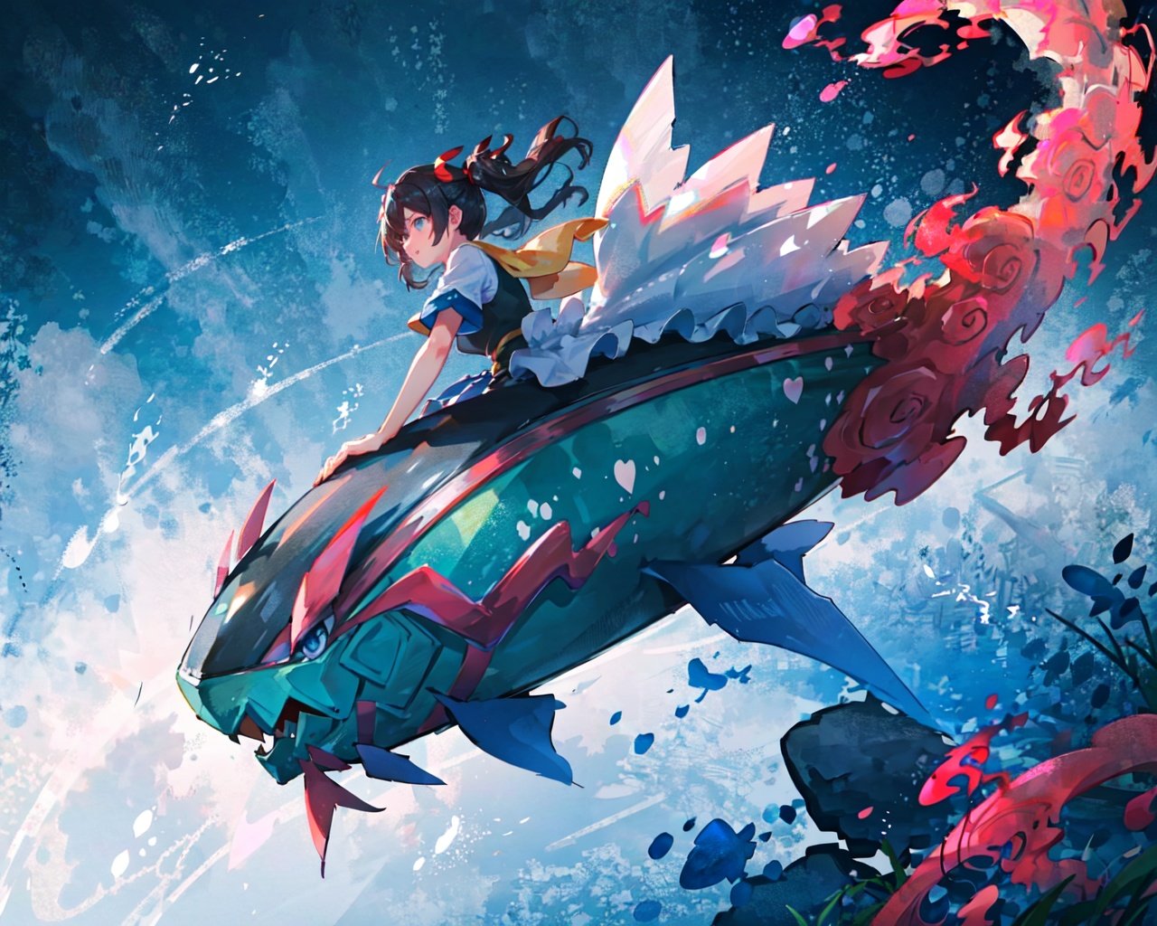 youweixuanyu,masterpiece,best quality,Highest picture quality,a girl riding on a fish,1girl,<lora:LAS:0.6> cloud,colorful, starry, <lora:youweixuanyu_v4:1>,Handheld Shot