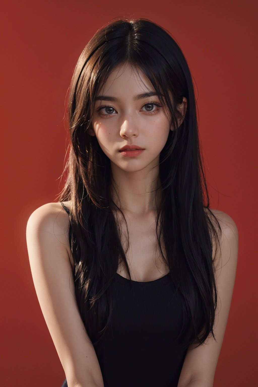 a 20 yo woman,long hair,dark theme, soothing tones, muted colors, high contrast, (natural skin texture, hyperrealism, soft light, sharp),red background,simple background, <lora:film:0.2>