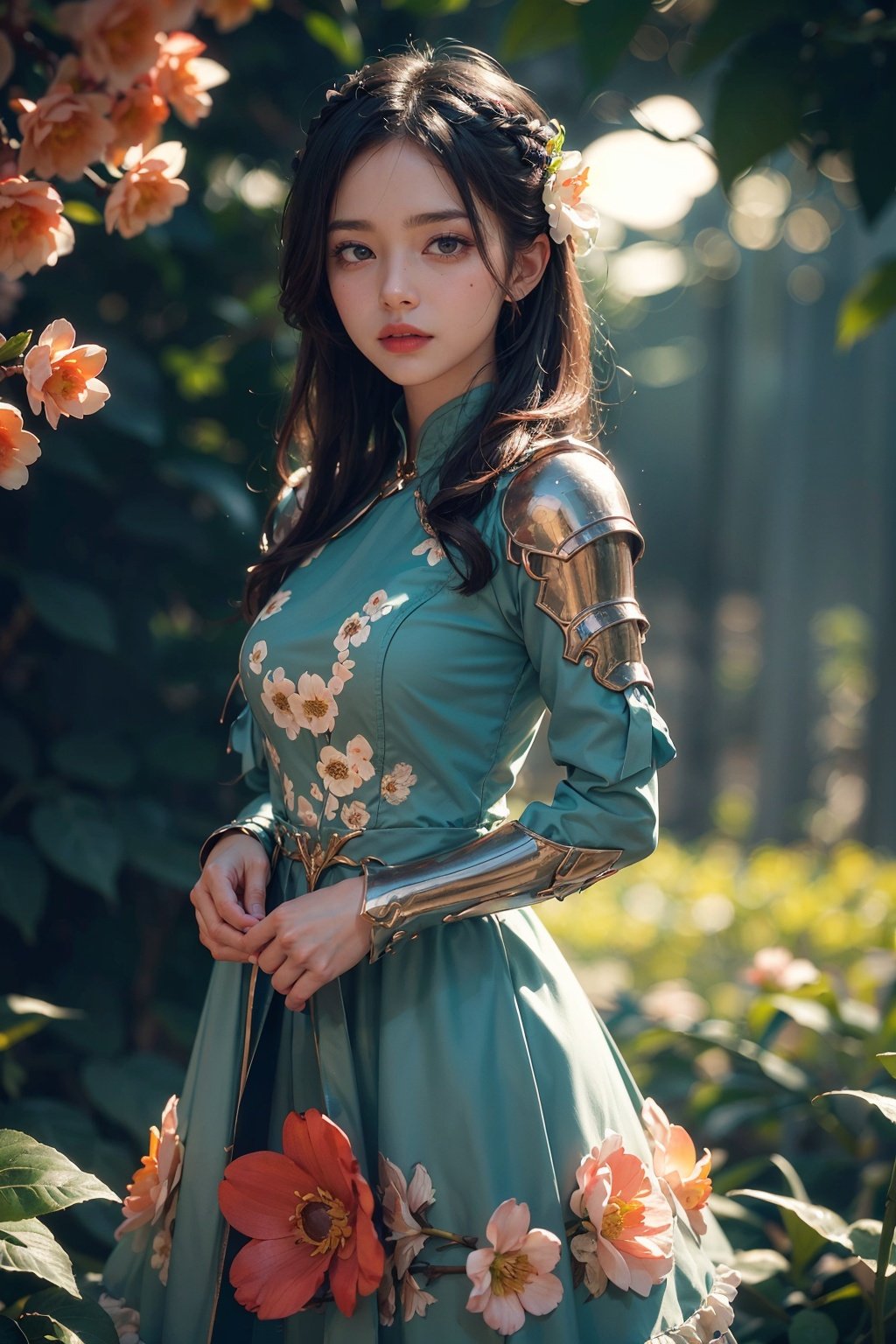 woman, flower dress, colorful, darl background,flower armor,green theme,exposure blend, medium shot, bokeh, (hdr:1.4), high contrast, (cinematic, teal and orange:0.85), (muted colors, dim colors, soothing tones:1.3), low saturation,