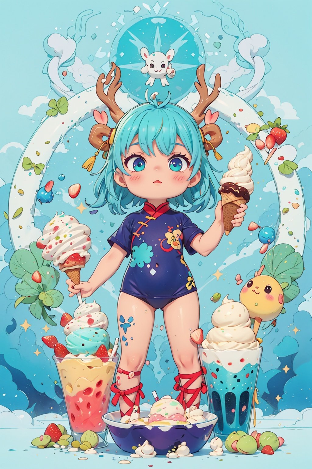 masterpiece, ice cream sundae bowl, blue haired girl child, multi-colored scoops of ice cream, pistachio, strawberry, mint chip sauce, cool swimwear, ice cream balloons, rainbow hues, burst, dreamy expression, sugary wonderland, wide angle telephoto lens, huge scale, pastel colors, cobalt hair, 1 girl, Chinese clothes, Dragon ear, deer ear, full body, QRobot, chibi, nijistyle, cute swimsuit, Diives, nop, Pixar, children.