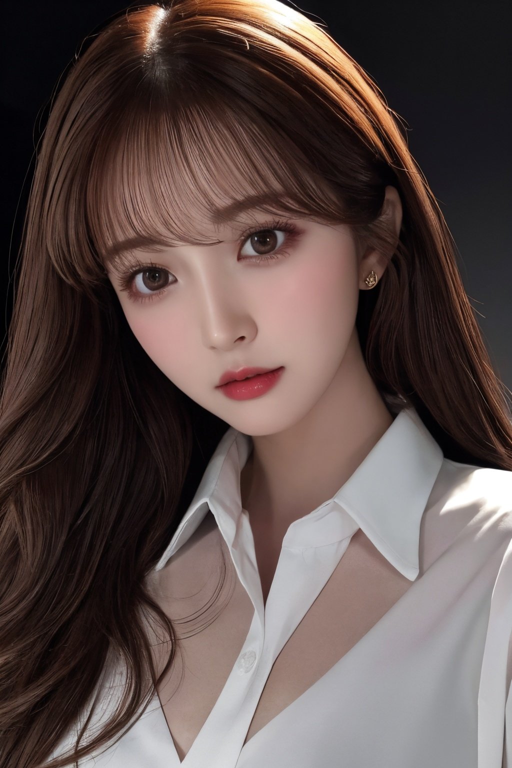 photorealistic, masterpiece, best quality, raw photo, 1girl, medium breasts, long hair, brown hair, collared blouse, looking at viewer, dynamic lighting, in the dark, deep shadow, low key, intricate detail, detailed skin, pore, highres, hdr,sansan33