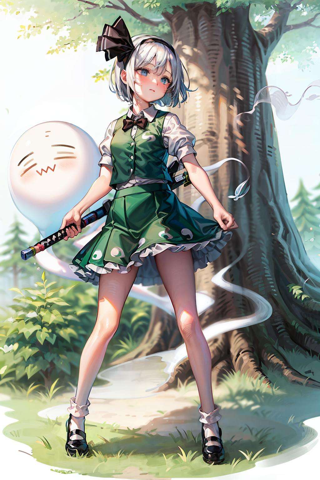 masterpiece, best quality,  <lora:youmu:1>,1girl, weapon, sword, solo, konpaku youmu, short sleeves, shirt, hitodama, skirt, black footwear, shoes, socks, white shirt, bow, puffy sleeves, konpaku youmu (ghost), black bow, bowtie, green skirt, hairband, short hair, blue eyes, green vest, black hairband, vest, grey hair, puffy short sleeves, black bowtie, white socks, katana, closed mouth, bangs, standing, mary janes, collared shirt, buttons, full body, holding, grass, blush, white background, ribbon, black ribbon, holding sword, holding weapon, looking at viewer, sheath, hitodama print, rope, frills, hair ribbon, ghost, rock, hair between eyes, simple background, skirt set, tree, shimenawa, shide, scabbard, bob cut