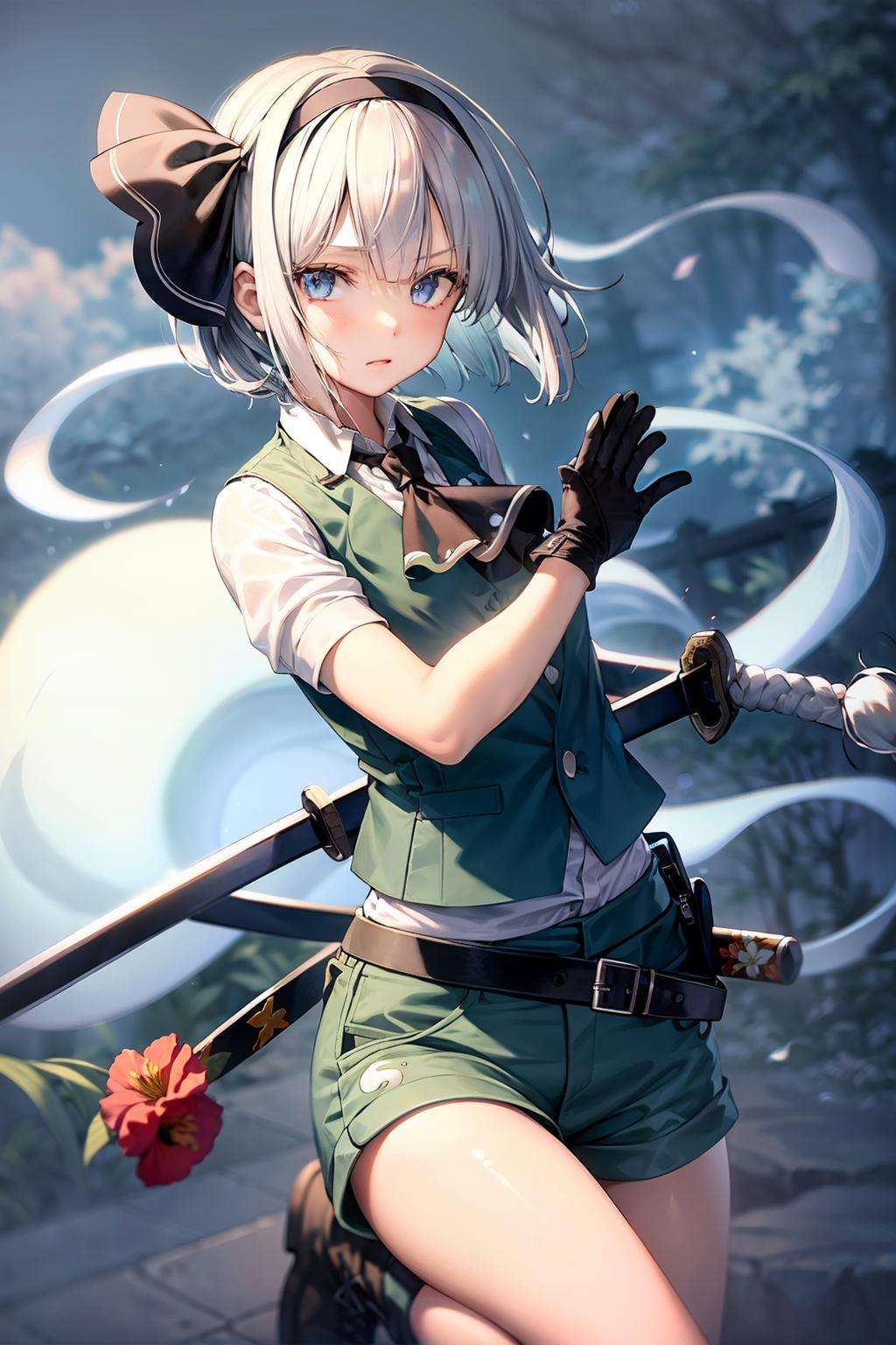 masterpiece, best quality,  <lora:youmu:1>,solo, weapon, sword, 1girl, konpaku youmu, white hair, belt, shorts, alternate costume, katana, short hair, boots, konpaku youmu (ghost), sheath, vest, hairband, hair over one eye, blue eyes, flower, hair ribbon, ribbon, gloves, black hairband, grey eyes, scabbard, black shorts, ascot, shirt, dual wielding, adapted costume, looking at viewer