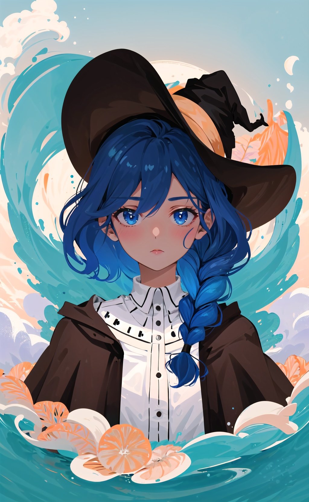 Minimalist illustration, roxy migurdia, 1girl, bangs, black headwear, witch hat, blue eyes, blue hair, braid, brown cape, floating hair, hair between eyes, looking at viewer, portrait, water drop, magic  <lora:Minimalist illustration:0.9>, <lora:roxyMigurdiaLora_offset:0.3:char>