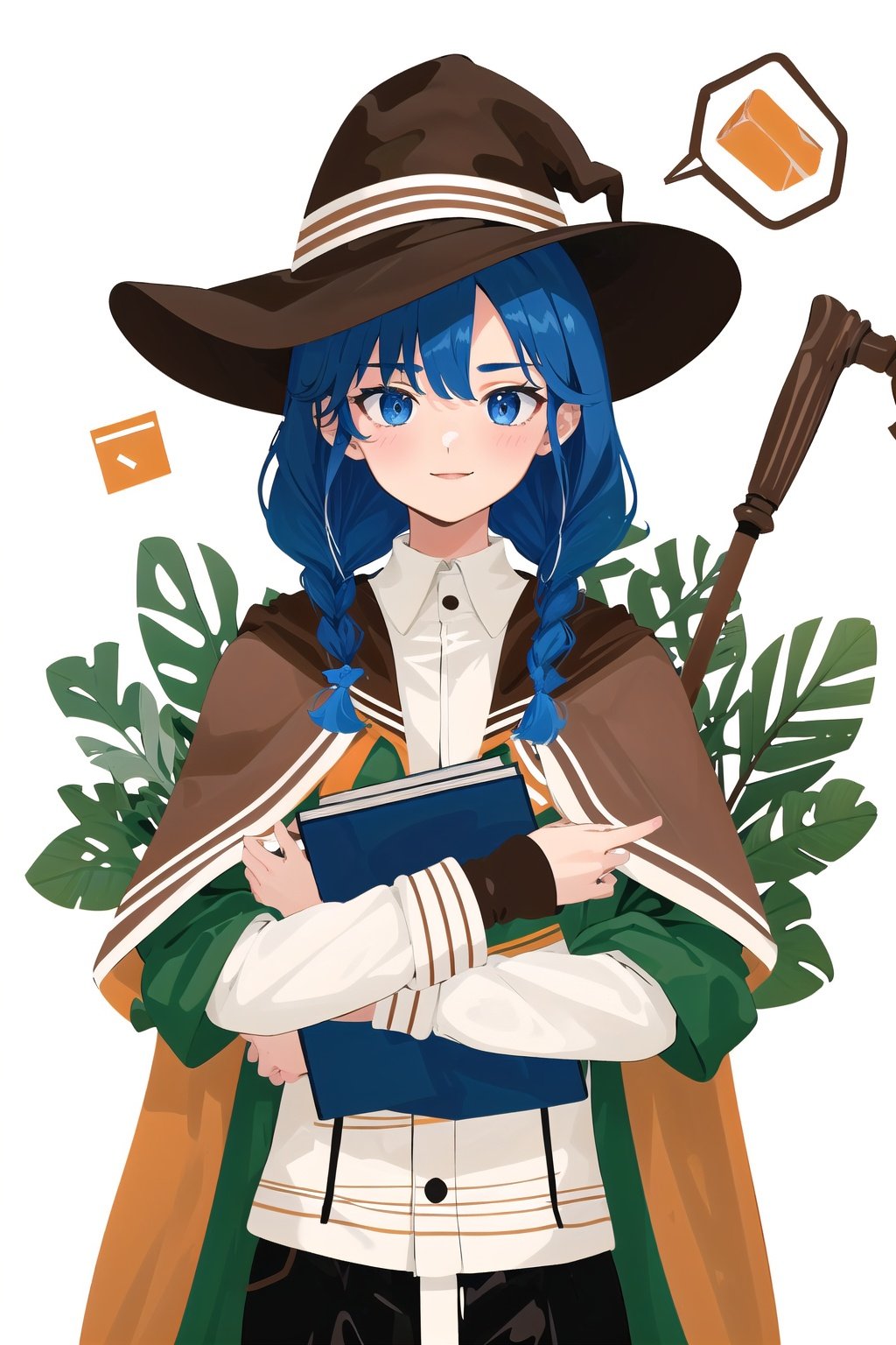 Minimalist illustration,roxy migurdia, 1girl, bangs, blue eyes, blue hair, blush, book, book hug, braid, brown cape, brown capelet, brown headwear, cape, capelet, collared shirt, crossed bangs, dress, hair between eyes, hat, holding, holding book, long braid, long hair, long sleeves, looking at viewer, object hug, shirt, simple background, smile, solo, staff, tsurime, twin braids, upper body, white background, white dress, witch hat,  <lora:Minimalist illustration:0.8>,  <lora:roxyMigurdiaLora_offset:0.4:char>