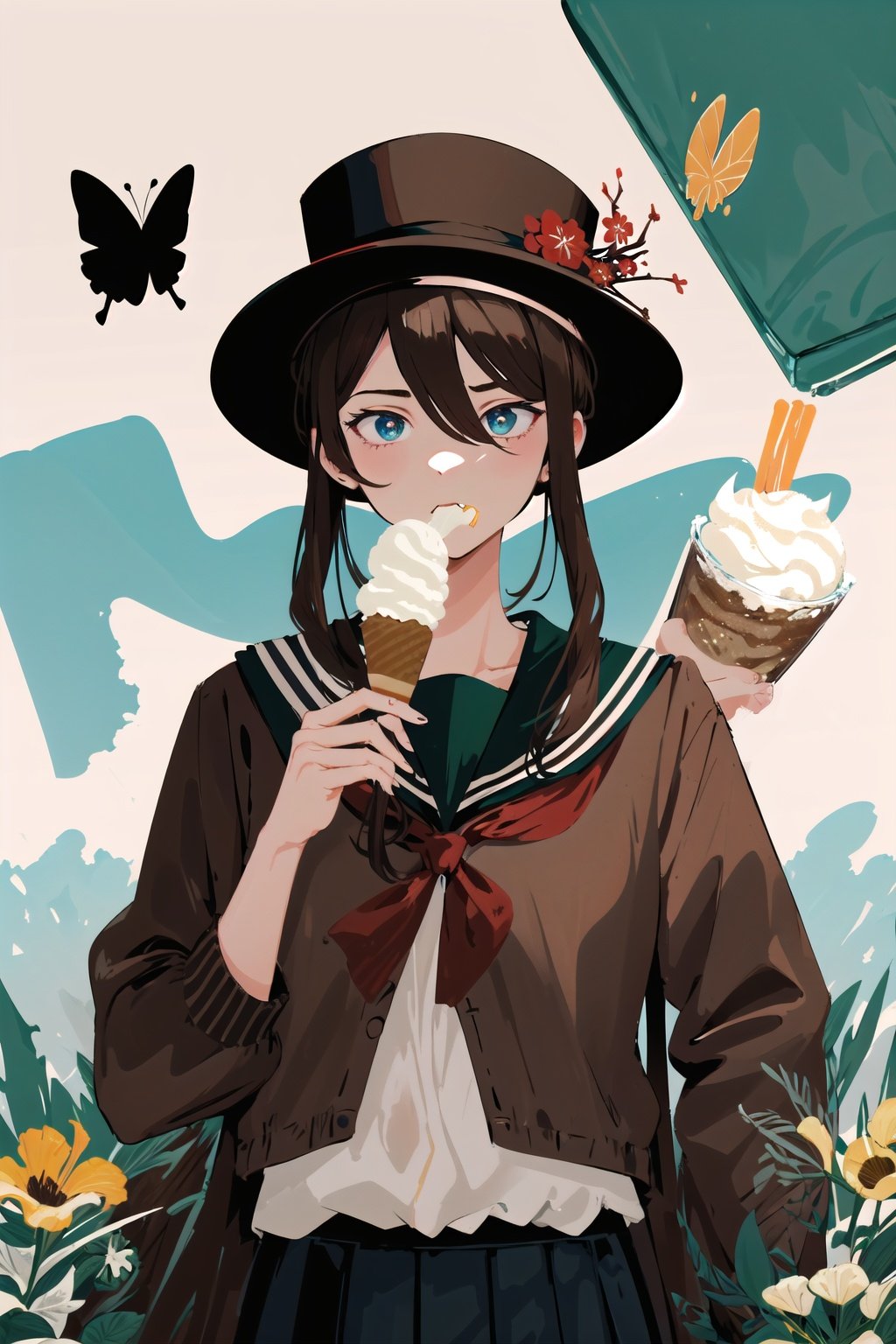 Minimalist illustration,1girl, masterpiece, best quality, extremly detailed, Cinematic lighting, intricate detail, highres, official art, finely detailed beautiful face and eyes, high resolution illustration, 8k, dark intense shadows, overexposure, brown hair, hat, cowboy shot, looking at viewer, brown clothes, hu tao \(genshin impact\) eating ice cream, eating,outdoors, school uniform, (butterflies), upperbody,  <lora:Minimalist illustration:0.8>,  <lora:hutao.v1:0.4:char> 