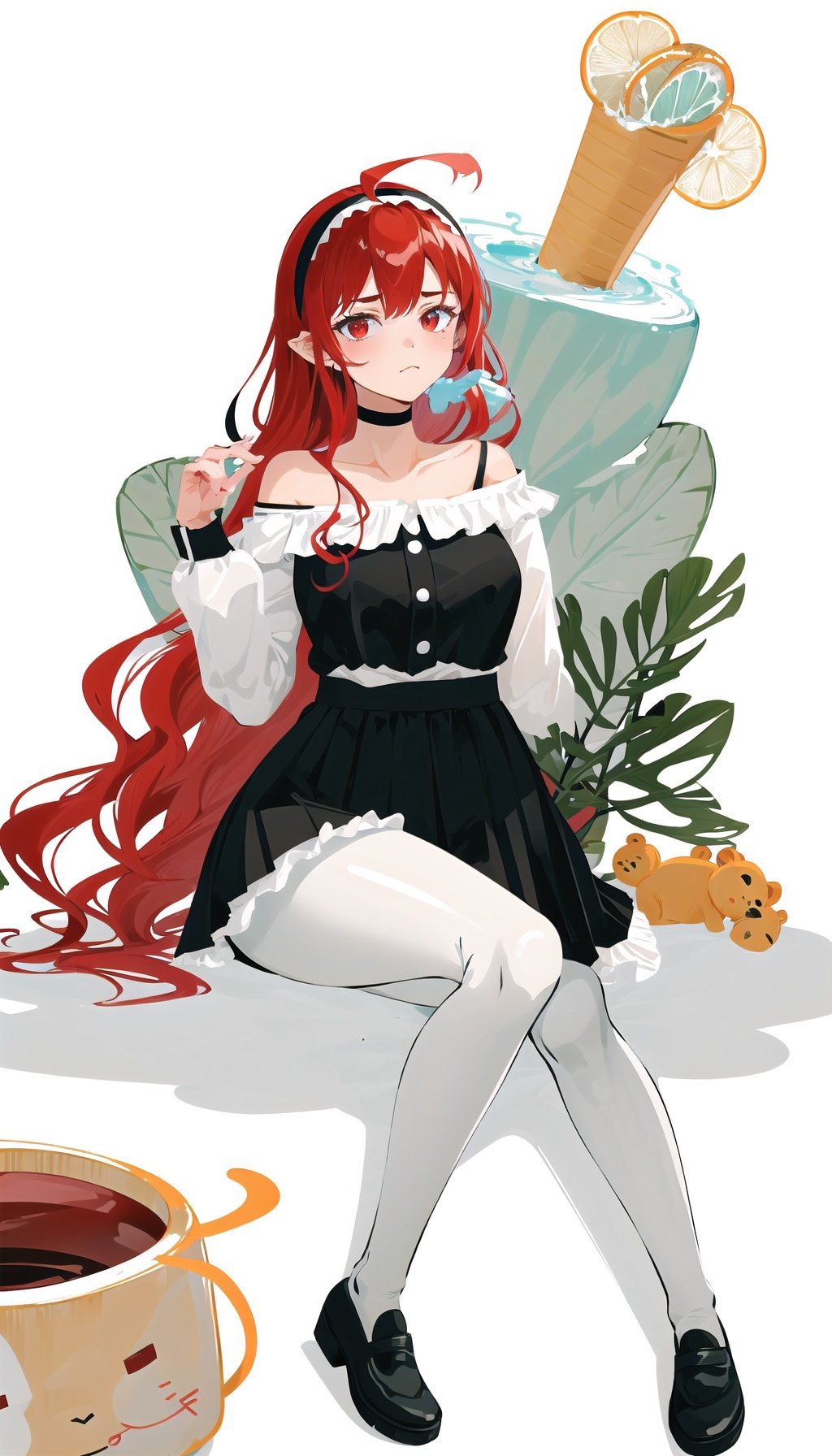 eris greyrat,1girl, masterpiece,Minimalist illustration, ahoge, bangs, bare shoulders, black footwear, black hairband, black skirt, closed mouth, frilled skirt, frills, hairband, long hair, long sleeves, looking at viewer, object hug, pantyhose, red eyes, red hair, shirt, sidelocks, simple background, skirt, solo, stuffed animal, stuffed toy, teddy bear, very long hair, white background, white pantyhose,  <lora:Minimalist illustration:0.9>,<lora:eris_v6:0.3:char>