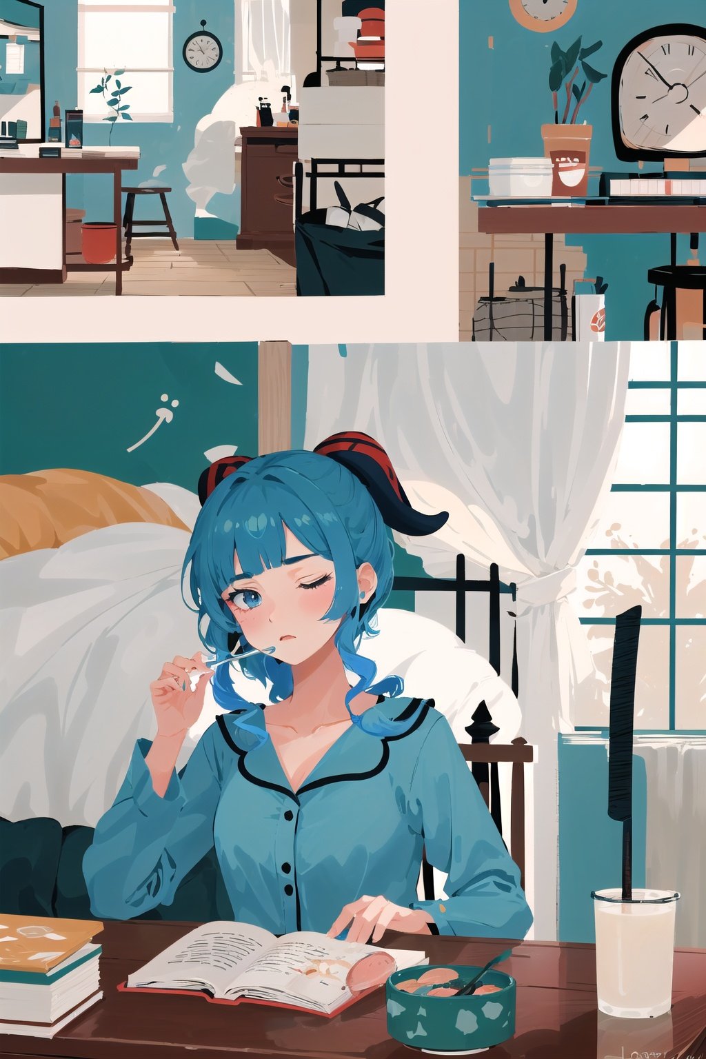 Minimalist illustration, sunlight through window, viewer on top, ganyu \(genshin impact\), blue hair, pajamas, ((dark circles around eyes)), a sleepy girl yawn from bed in bedroom, clock,  <lora:Minimalist illustration:0.9>, <lora:甘雨ganyuGenshinImpact:0.3:char>