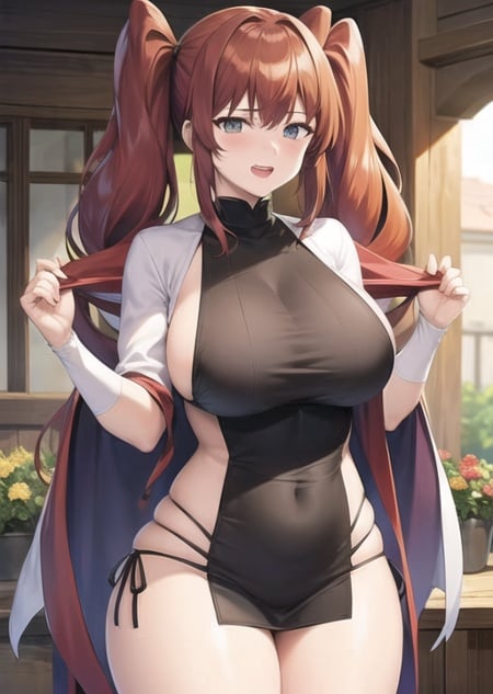 mamahaha,woman,large breasts, thick thighs,red hair,basket,open clothes,twintails,lipstick, <lora:MamaHaha-08:0.75>