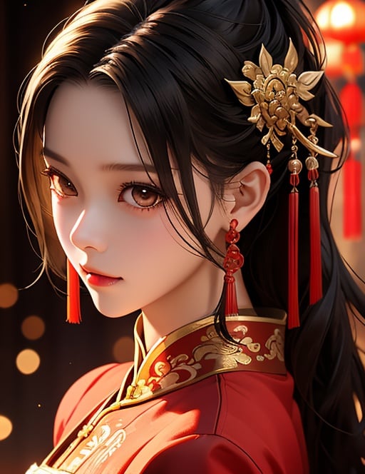 an asian girl in an old chinese dress, in the style of anime-inspired characters, romantic realism, firecore, light gold and light bronze, queencore, intense close-ups, lively illustrations<lora:belle_20230624072520:0.55555>