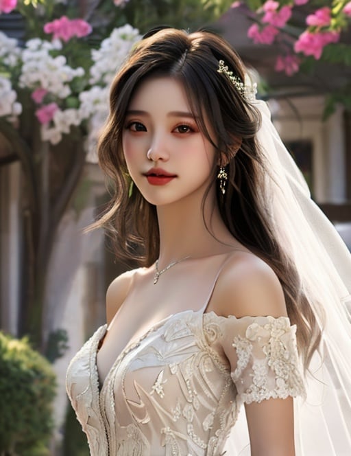 Best quality,masterpiece,ultra high res,(photorealistic:1.4),1 girl, solo,wedding dress, outdoor, sun light, <lora:belle_20230624072520:0.7>