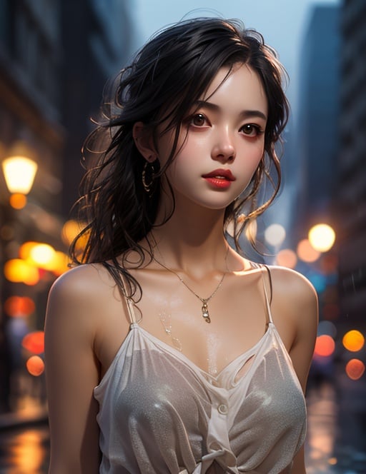 ,mix4,(8k, RAW photo, best quality, masterpiece:1.2), (realistic, photo-realistic:1.37),1girl,cute,cityscape, night, rain, wet, professional lighting, photon mapping, radiosity, physically-based rendering, <lora:belle_20230624072520:0.55555>