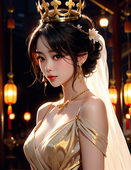 an asian woman wearing white and black dress with a crown or flower in her hair, in the style of speedpainting, dark gold and light crimson, realistic figures, chinapunk, i can't believe how beautiful this is, romantic charm, use of screen tones <lora:belle_20230624072520:0.55555>