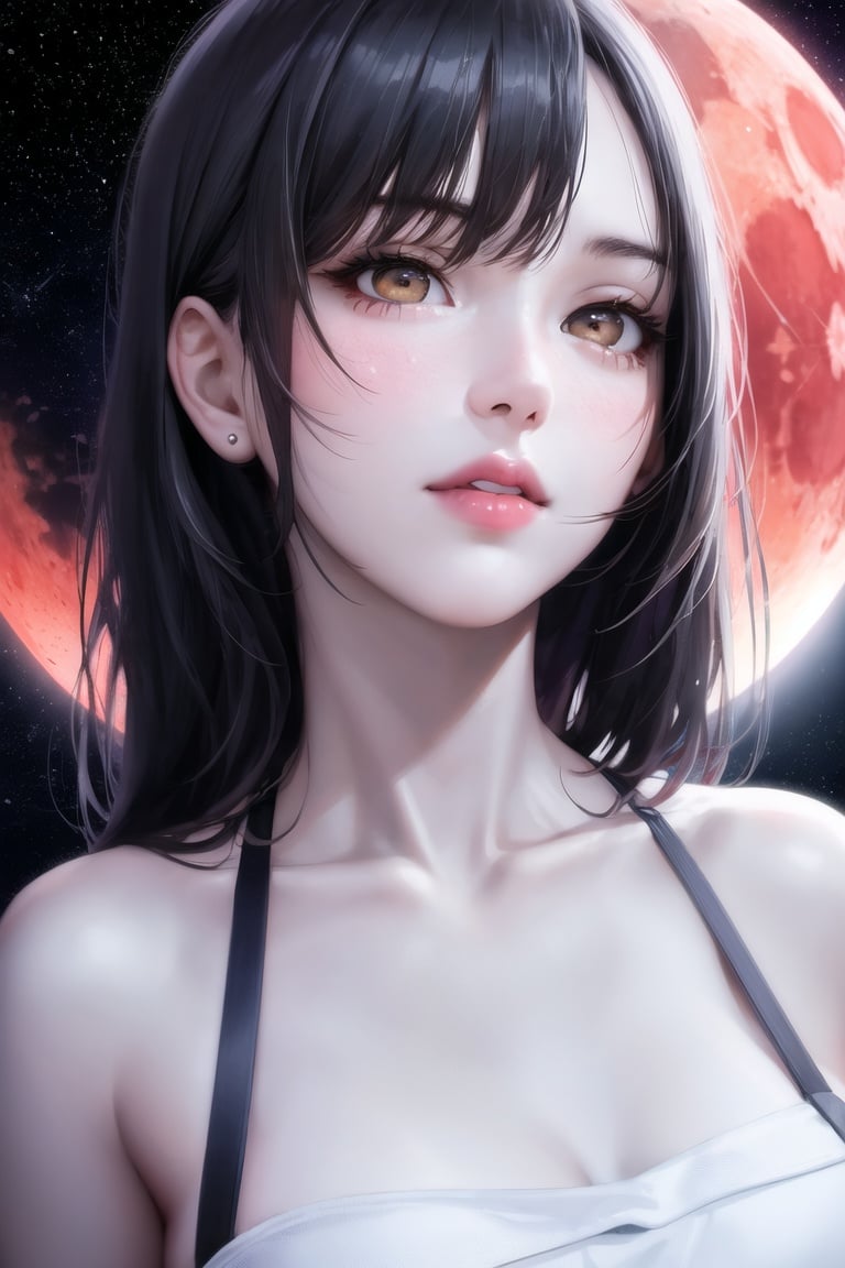 1girl, beautiful face, ((white eyes)), sexy pose, Red moon in the background, stars, space, (lightroom:1.13), soft light, (natural skin texture:1.2), (hyperrealism:1.2), sharp focus, focused