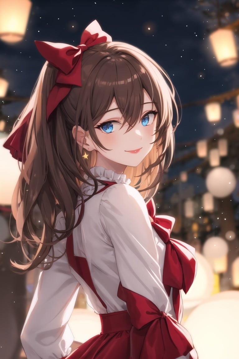 (extremely delicate and beautiful:1.2),1girl, bangs, blue eyes, blurry, blurry background, bow, brown hair, closed mouth, from side, hair between eyes, hair bow, lantern, light particles, long sleeves, looking at viewer, medium hair, night, red bow, solo, star \(symbol\), upper body,smile,red lips