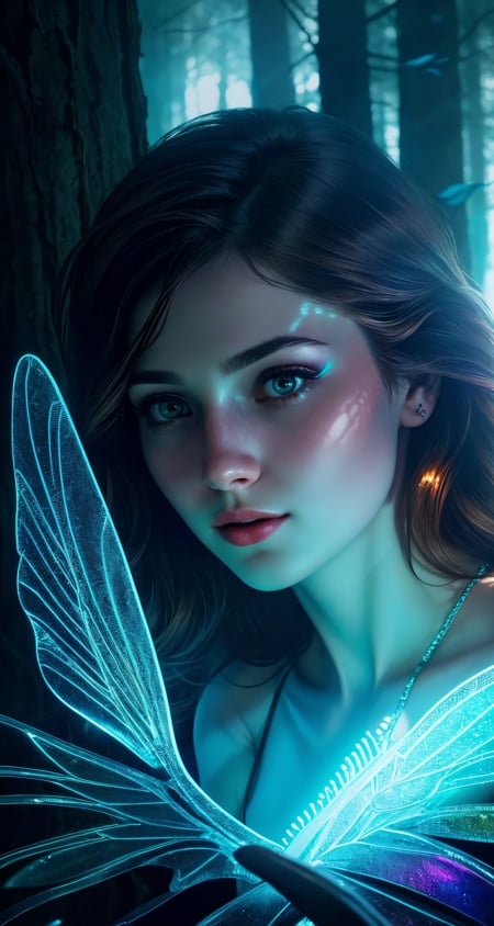 An ethereal female figure with delicate, luminescent wings, surrounded by glowing, magical creatures in an enchanted forestSubsurface skin scattering, shiny skin, iridescent dress, detailed background, ([Rachel Weisz|Ashley Greene|Jennifer Lawrence]:0.8), round cute face, green eyes, close-up, amazing fine detail, Nikon D850 film stock photograph Kodak Portra 400 camera f1.6 lens, rich colors, lifelike texture, dramatic lighting, unreal engine, trending on ArtStation, cinestill 800 tungsten