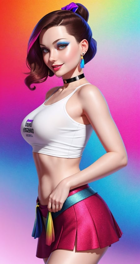 garterbelt, embroidery, multiple straps, front view,  facing viewer,... ,photo of Sophie Ellis-Bextor, adult woman, solo, arms behind back, smile,blush, breasts, cowboy shot, crop top, boob, miniskirt, long hair, looking at viewer, ribbon, skirt, smile, solo, thigh strap, ponytail, virtual youtuber,gradient background,colorful background, (iridescent clothes:1.2), chromatic aberration, close shot,magazine cover, cover art, illustration, studio shot, (uodenim style:0.8),subsurface skin scattering, shiny skin,3d,vax,plastic,choker, earrings, eyelashes, eyeshadow, lips, lipstick, jewelry, makeup, nose, parted lips,standing, navel, (gentle:0.7),