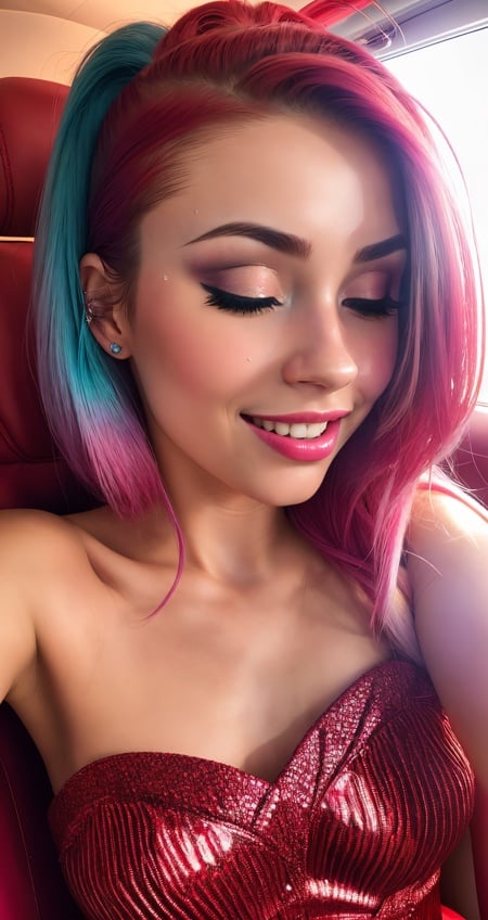 photorealistic, ultra realistic, glowing cyan hair, closed eyes,([Mila Kunis|Emily Blunt|Ariana Grande]:0.85), 21 year old woman, sparkling starburst green eyes, red theme,eyeshadow, mascara, plush lips, pink lipstick, smile, straight white teeth, realistic skin texture, skin pores, shiny skin, selfie, red dress,photo shoot, red background,alluring, attractive,amazing photograph, masterpiece, best quality,