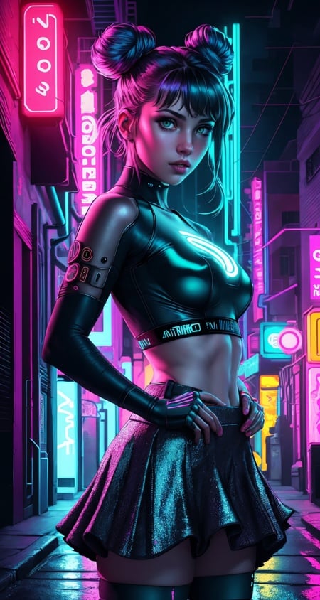 A mesmerizing female cyberpunk street artist, creating a vivid and detailed holographic mural in a neon-lit urban alley,([Diane Lane|Scarlett Johansson|Kate Upton]:0.8), closeup,Amazing fine detail, glowing eyes, [(colorful explosion psychedelic paint colors:1.21)::0.15], detailed background,  round cute face, green eyes, detailed clothes, skinny, shinny glossy skin, subsurface scattering, (gothic:0.8), double bun, bangs, frills, skirt, Nikon D850 film stock photograph Kodak Portra 400 camera f1.6 lens, rich colors, lifelike texture, dramatic lighting, unreal engine, trending on ArtStation, cinestill 800 tungsten