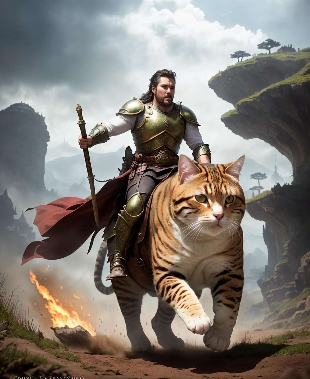 an award winning fantasy photo of a masculine man riding his (chonky cat charging into battle), hdr photo, kawaii aesthetic, feline warrior, epic fantasy background, hyper realistic photograph, best quality, 50mm f/2.8,  photography by cat fancy magazine, trending on flickr 