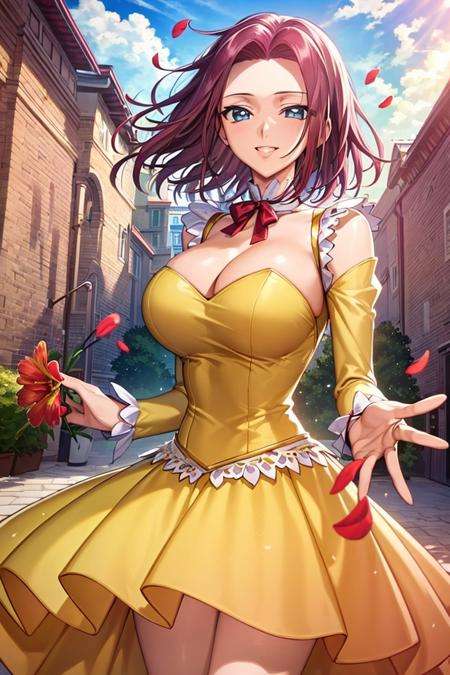 (best quality, masterpiece:1.3),kallencodegeass,(yellow formaldress:1.3), extremely detailed,solo,1girl,(colorful),(finely detailed beautiful eyes and detailed face),blue eyes,red hair,cinematic lighting,extremely detailed CG unity 8k wallpaper,solo,smile,((flying petal)),(Flowery meadow) sky, cloudy_sky, building, sunlight, sun