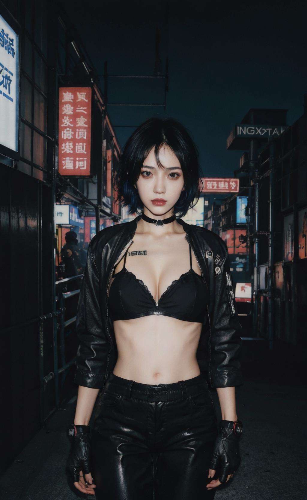 <lora:InstantPhotoX3:0.7>, a female wearing a cyberpunk jacket style , cyberpunk theme, futuristic, tempting look, cleavage,(( cyberpunk sleeve jacket)), tattoo on her arms, futuristic t-shirt, choker, gloves, sport bra, leather pants, (((masterpiece))), ((best quality)), ((intricate detailed)), ((Hyperrealistic)), a woman with perfect body figure wearing cyberpunk cloth, pale skin, (huge breast), highly detailed, illustration, perfect hands, detailed fingers, beautiful detailed eyes, blue hair, black hair, multiple color hair, short hair, (cyberpunk:1.2), armor, detailed background, cyberpunk city , night, neon lights, lens flare, tempting look, looking at the viewer, from the front,