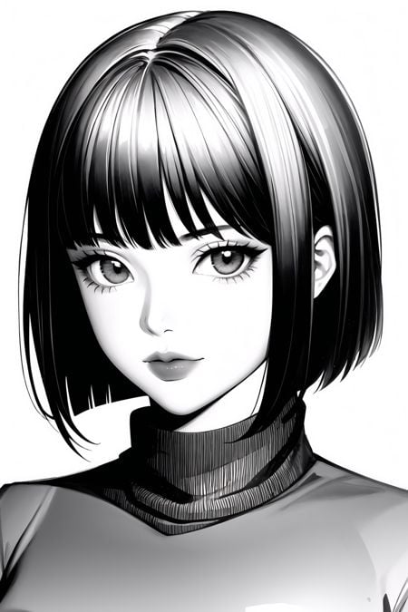 1girl, solo, monochrome, greyscale, bob cut, short hair, portrait, turtleneck, closed mouth, bangs, looking at viewer, blunt bangs, sketch, graphite \(medium\), lips, hatching \(texture\)