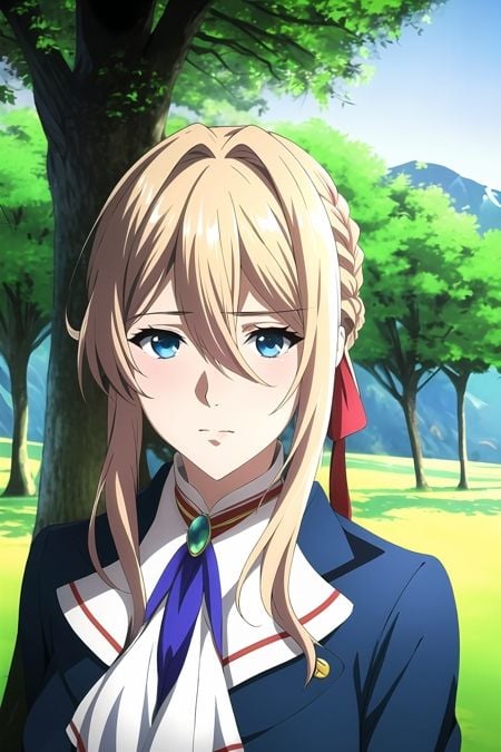 violet evergarden, masterpiece, best quality, 1girl, solo, blonde hair, blue eyes, hair between eyes, looking at viewer, ribbon, red ribbon, braid, hair ribbon, jacket, blue jacket, jewelry, bangs, outdoors, brooch, hair intakes, anime coloring, ascot, white ascot, tree, closed mouth, portrait, daygrass